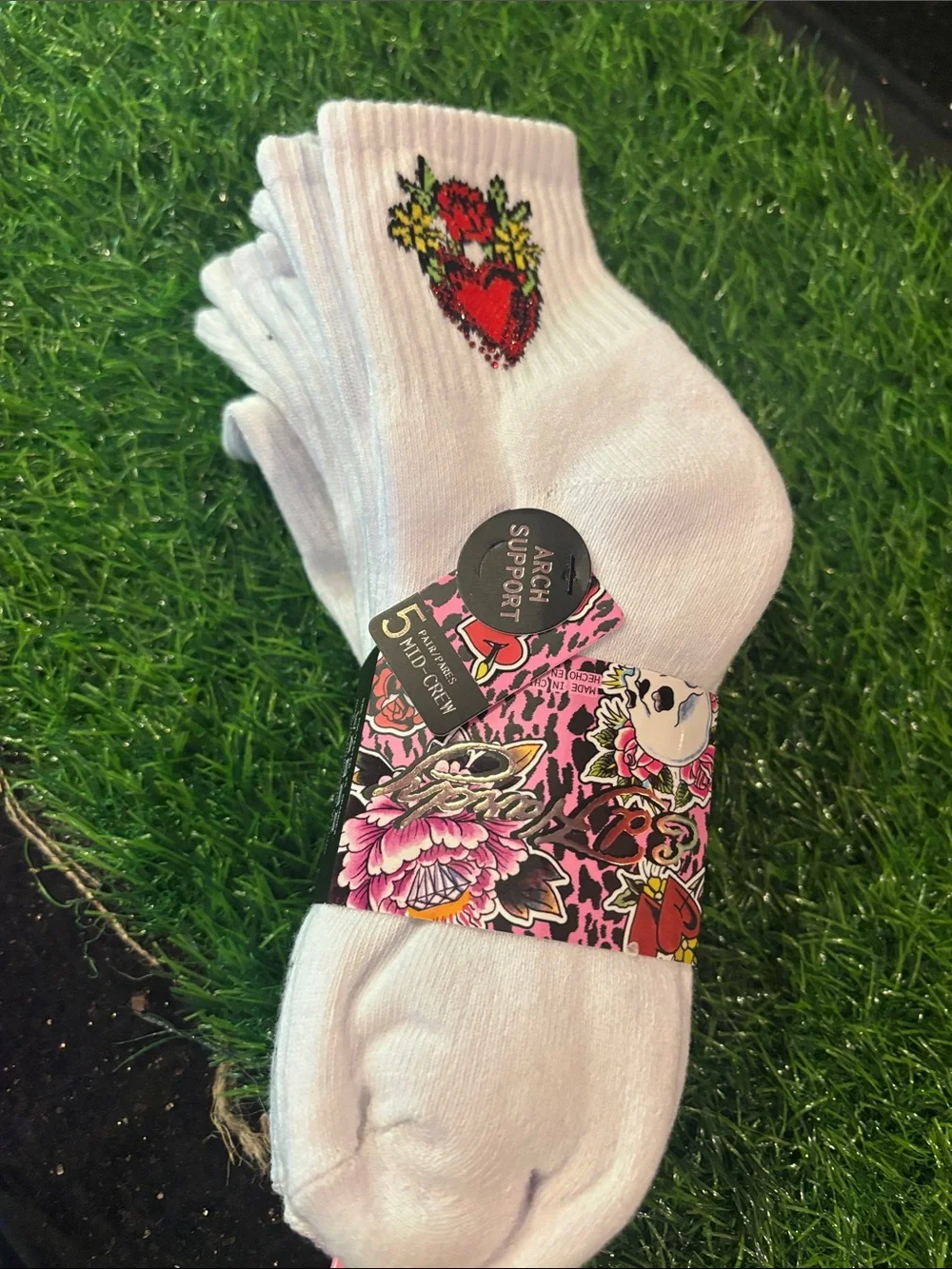 Ed hardy women’s White Crew Socks with Embroidered Cross and Red Heart